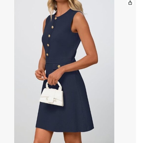 MEROKEETY Navy Sleeveless Button Detail Fit Knit Dress Size M NWT - Picture 2 of 11